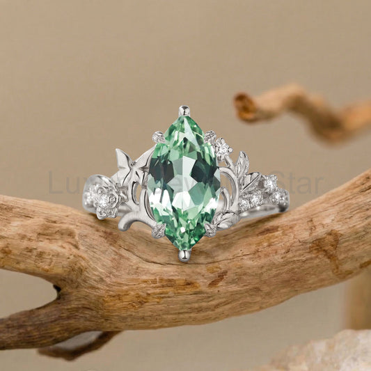 Garden Marquise Cut Green Sapphire Nature Inspired Engagement Ring - Florentina