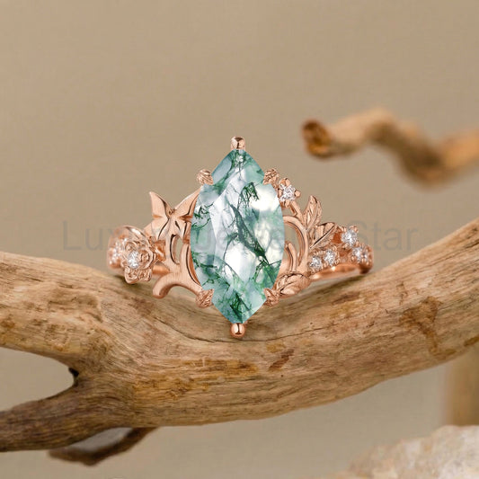 Garden Marquise Cut Moss Agate Nature Inspired Engagement Ring - Florentina