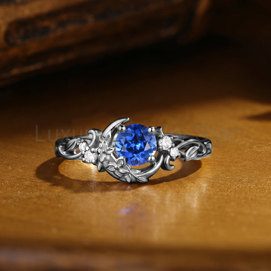 Leafy Flower & Crescent Moon Round Cut Blue Sapphire Engagement Ring - Lyric