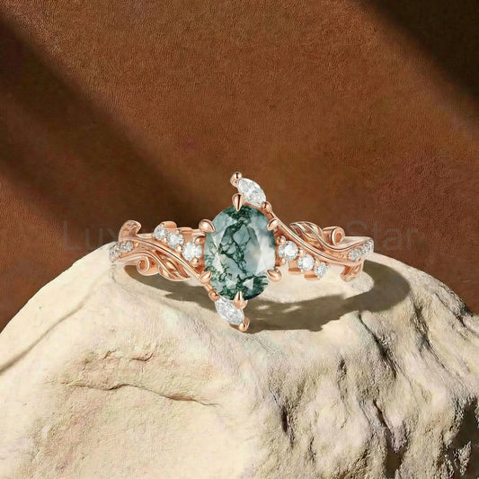 Leafy Inspired Oval Cut Moss Agate Enhancer Vine Engagement Ring - Bette
