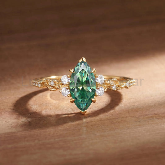 Marquise Cut Green Moissanite Vine Leaf Engagement Ring - Briony