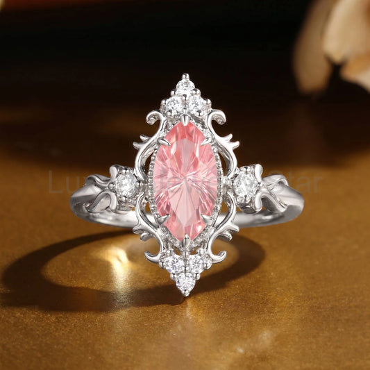 Marquise Firework Cut Padparadscha Vintage Engagement Ring - Eugenie