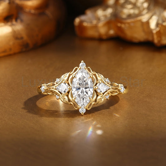 Nature Inspired Marquise Cut Moissanite Unique Leafy Engagement Ring - Nell