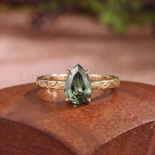 Pear Cut Green Sapphire Engraved Leaf Engagement Ring - Bronwen