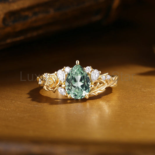 Pear Cut Lab Green Sapphire Rose Flower Leafy Engagement Ring - Ginger