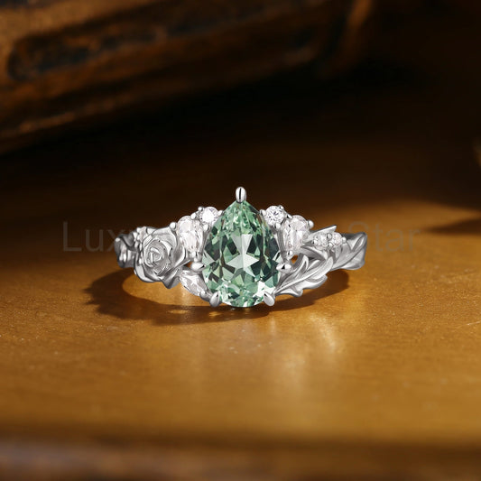 Pear Cut Lab Green Sapphire Rose Flower Leafy Engagement Ring - Ginger