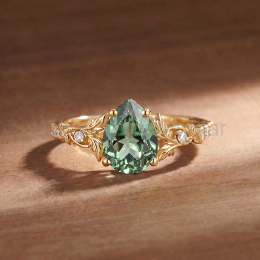 Pear Cut Lab Green Sapphire Twisted Leaf Vine Engagement Ring - Greenly