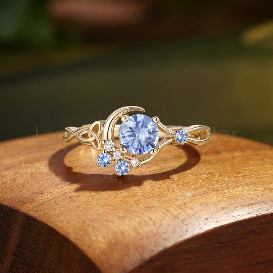 Round Cornflower Sapphire Celtic Knot Moon Engagement Ring - Brigid