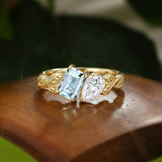 Toi et Mio Moissanite & Aquamarine Leafy Inspired Engagement Ring - Angélique