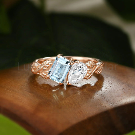 Toi et Mio Moissanite & Aquamarine Leafy Inspired Engagement Ring - Angélique