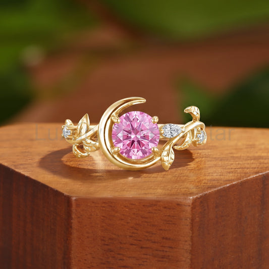 Unique Round Cut Lab Pink Sapphire Crescent Moon & Leaf Engagement Ring - Helene