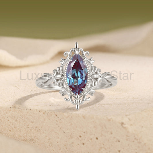 Vintage Filigree Marquise Cut Alexandrite Engagement Ring - Duchessa