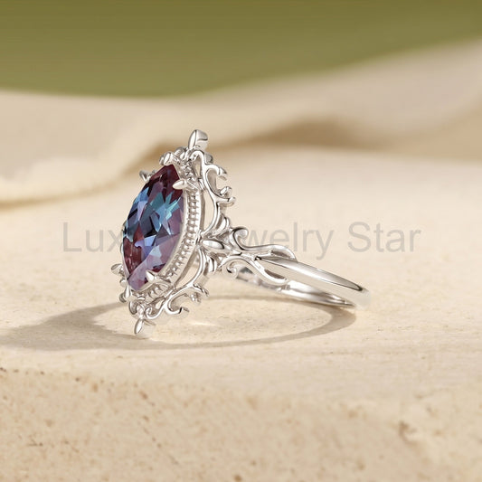Vintage Filigree Marquise Cut Alexandrite Engagement Ring - Duchessa