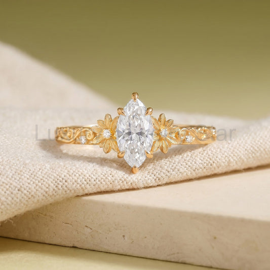 Vintage Floral Marquise Cut Moissanite Engagement Ring - Daisy