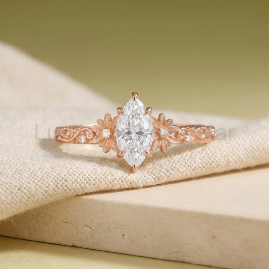 Vintage Floral Marquise Cut Moissanite Engagement Ring - Daisy