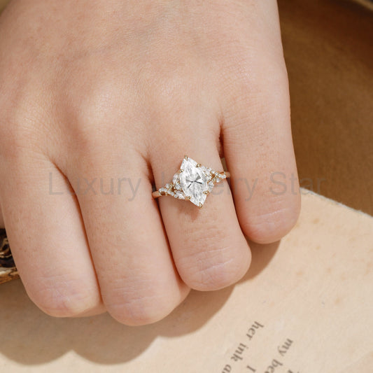 Vintage Moon Marquise Cut Cluster Moissanite Engagement Ring - Nova