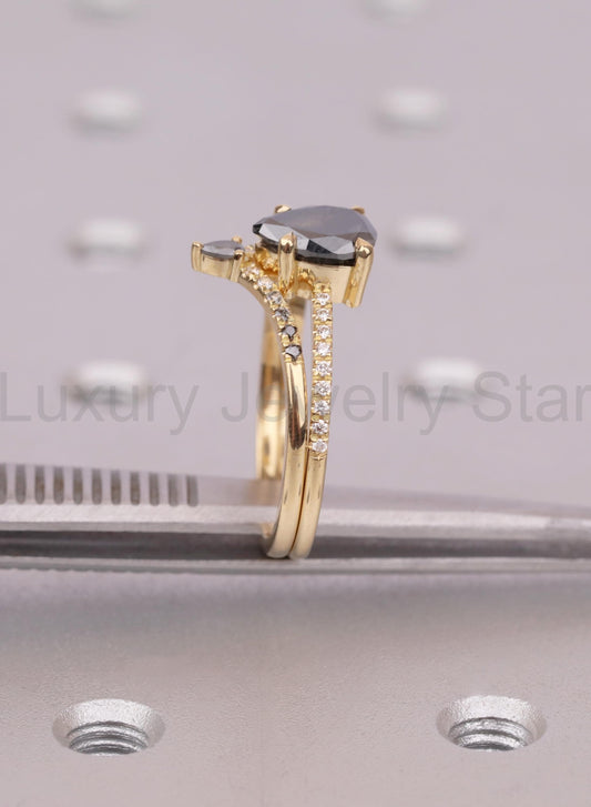 Raw Salt and Pepper Kite Diamond Ring Set, 18k Yellow Gold, Moissanite Accents, Crown Style Matching