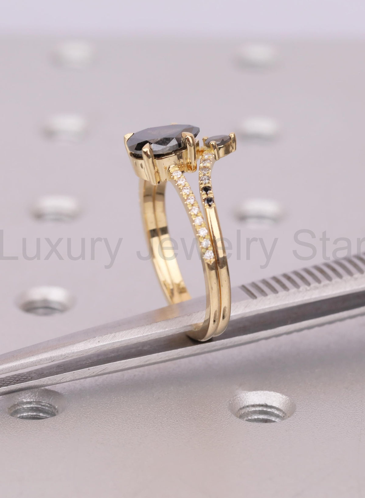 Raw Salt and Pepper Kite Diamond Ring Set, 18k Yellow Gold, Moissanite Accents, Crown - image 14