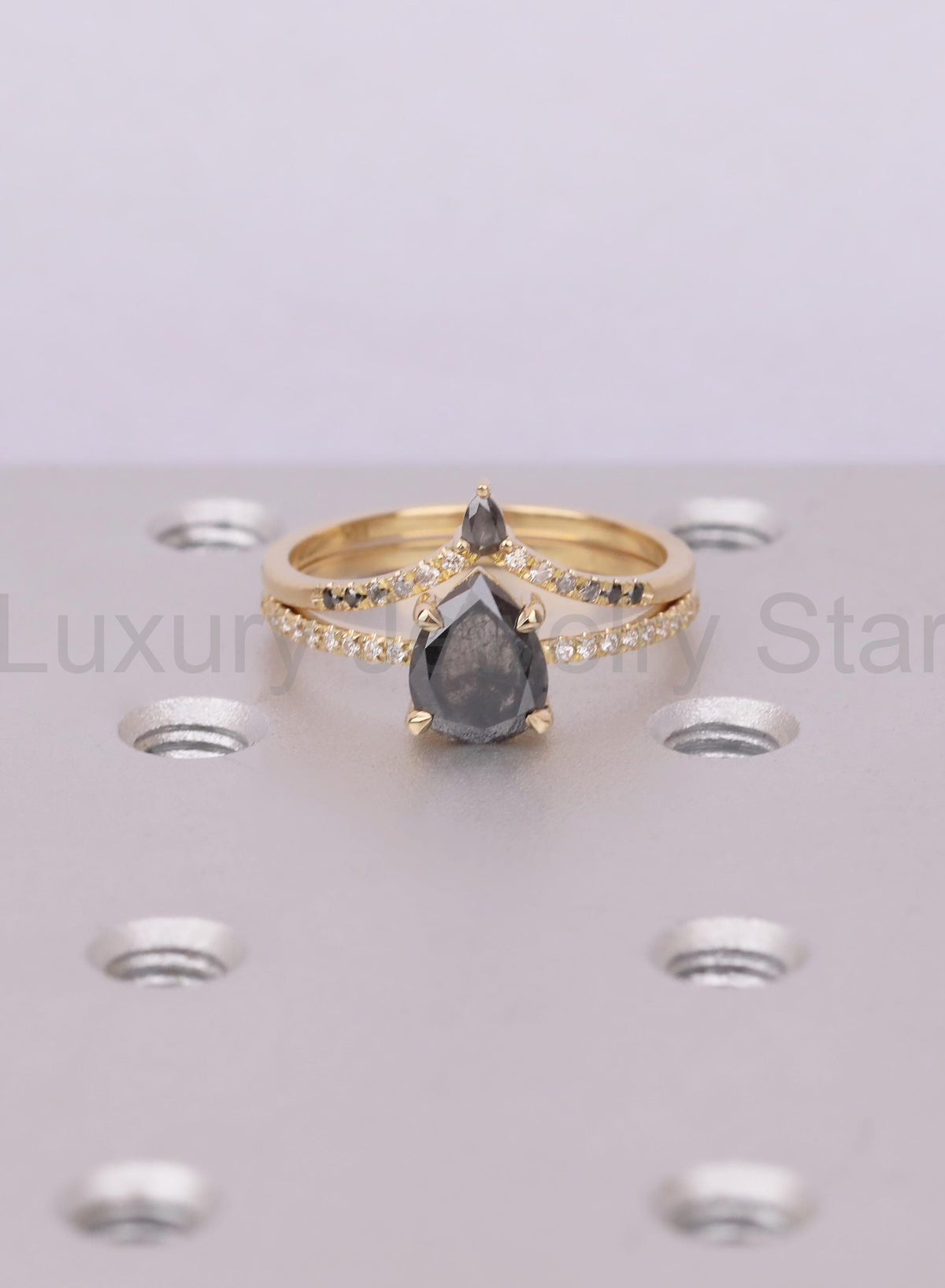 Raw Salt and Pepper Kite Diamond Ring Set, 18k Yellow Gold, Moissanite Accents, Crown - image 3