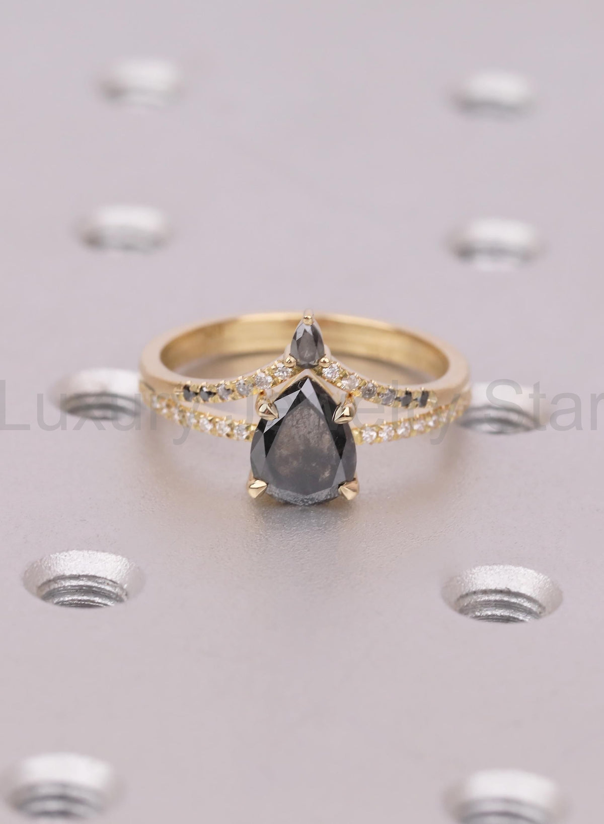 Raw Salt and Pepper Kite Diamond Ring Set, 18k Yellow Gold, Moissanite Accents, Crown - image 4