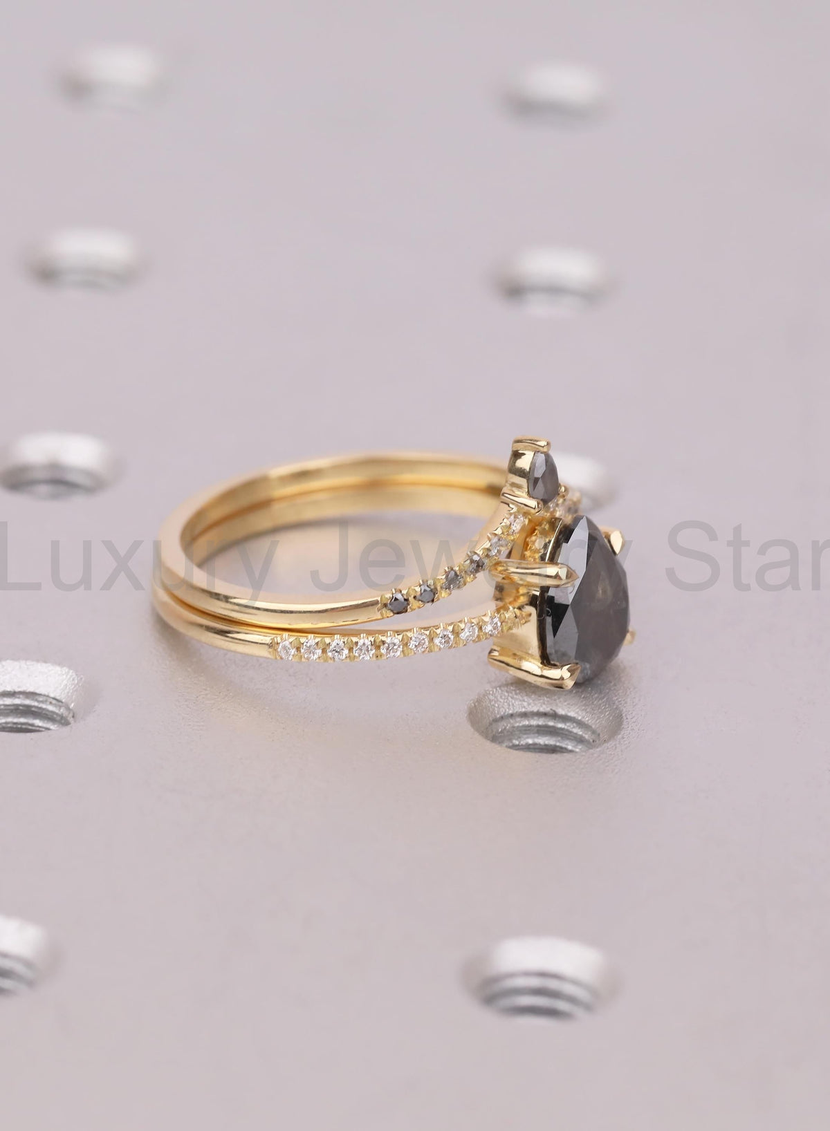 Raw Salt and Pepper Kite Diamond Ring Set, 18k Yellow Gold, Moissanite Accents, Crown - image 5