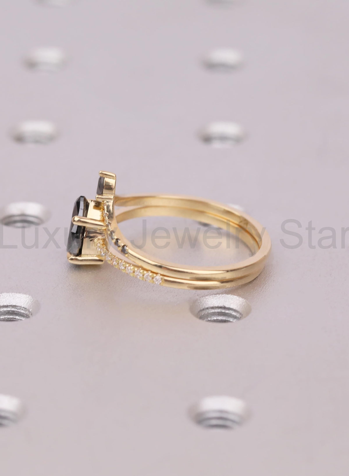 Raw Salt and Pepper Kite Diamond Ring Set, 18k Yellow Gold, Moissanite Accents, Crown - image 8