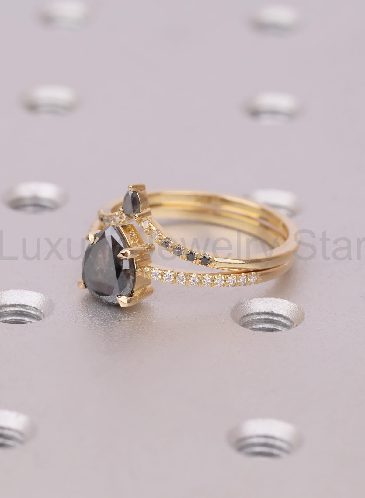Raw Salt and Pepper Kite Diamond Ring Set, 18k Yellow Gold, Moissanite Accents, Crown - image 9