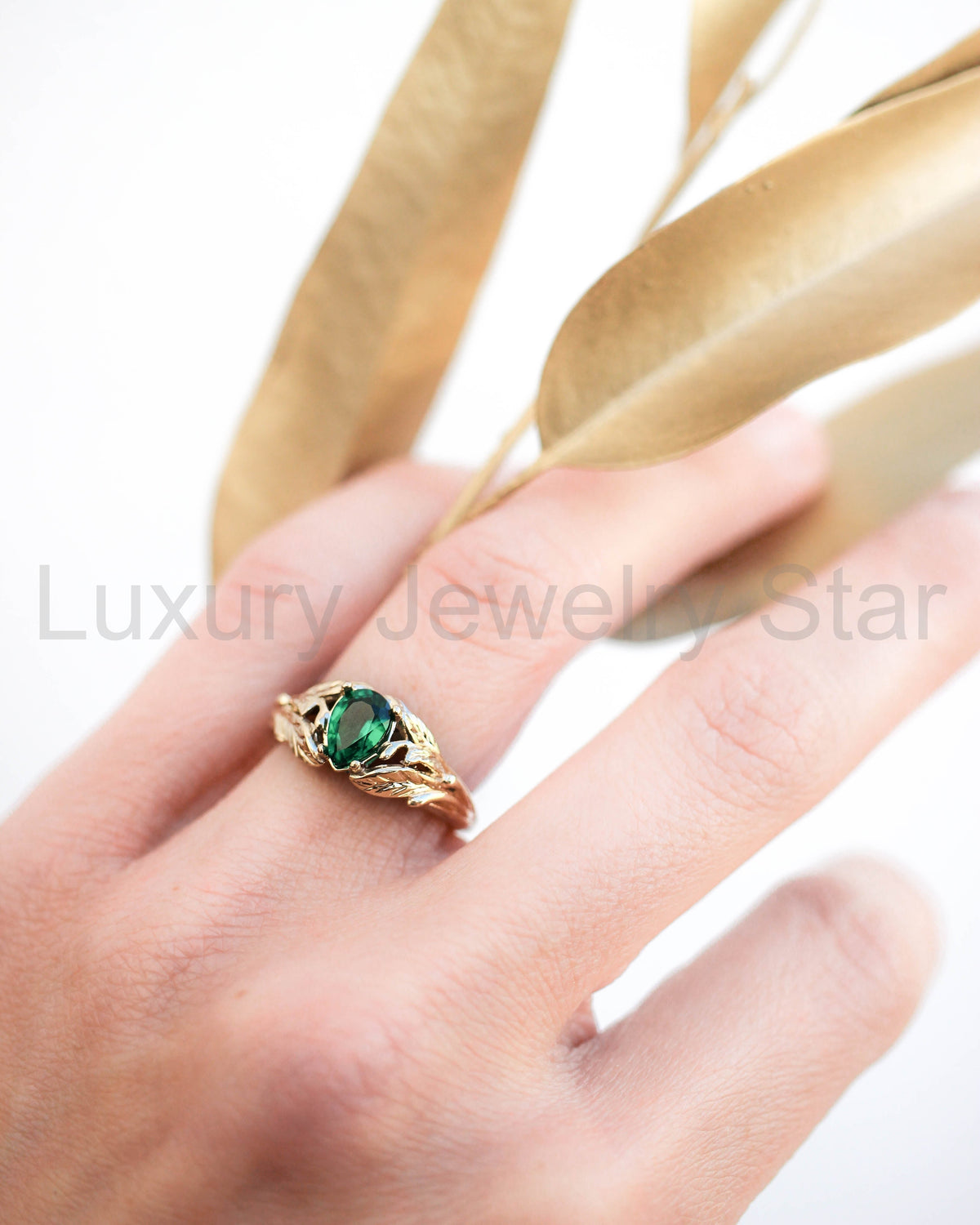 READY TO SHIP: Wisteria engagement ring with pear cut lab emerald in 14K yellow gold - image 4