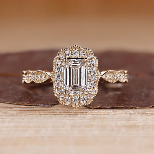 Emerald Cut Ring with Round Diamond Pave Band