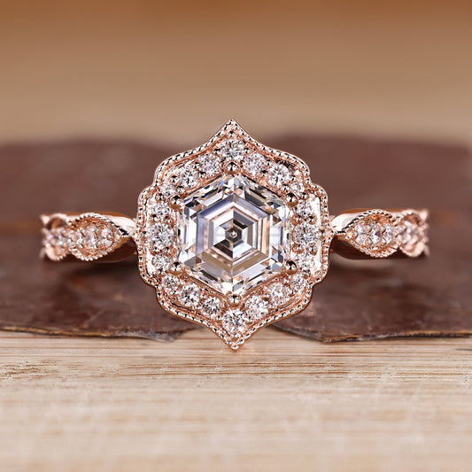 Hexagon Diamond Ring in Halo Setting