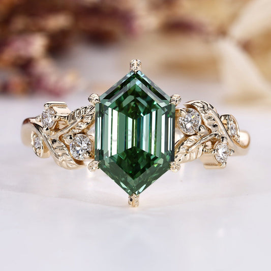 Nature Inspired Green Hexagon Diamond Ring