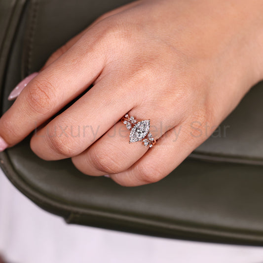 Nature Inspired Marquise Cut Diamond Ring with Side Stones - image 2
