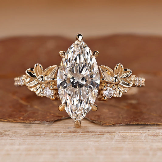 Nature Inspired Marquise Cut Engagement Ring with Flower Design