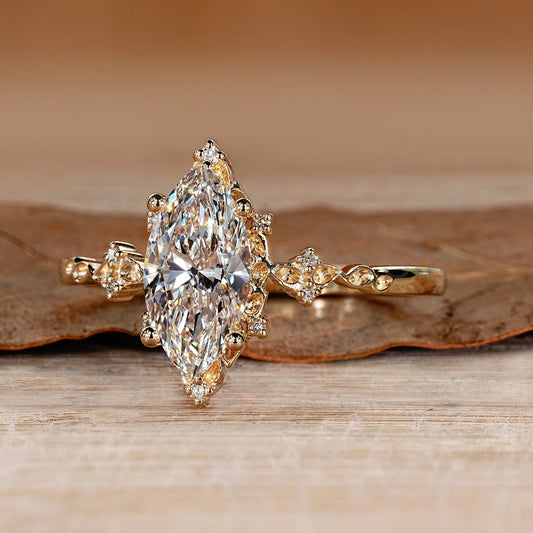 Nature Inspired Marquise Cut Engagement Ring with Round Side Stone