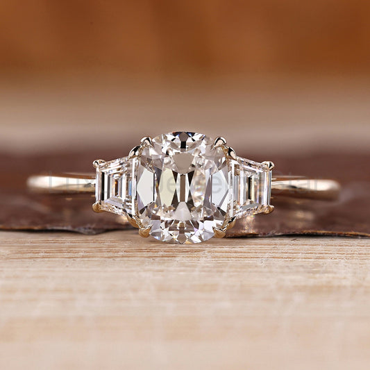 Old Mine Cushion Cut Diamond Ring with Trapezoid Side Stones