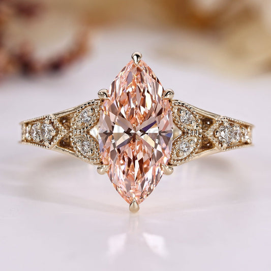Pink Marquise Art Deco Ring with Round Side Stones and Milgrain Details