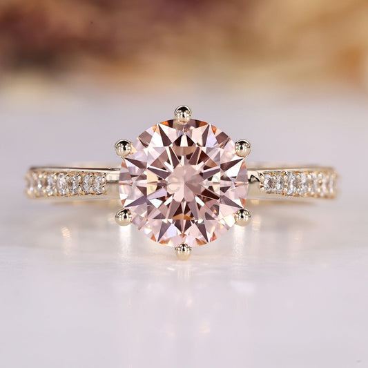 Pink Round Diamond Ring with Pave Style and Tapered Shank