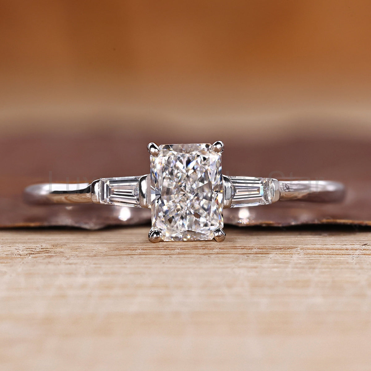 Radiant Cut and Tapered Baguette Cut Three Diamond Ring