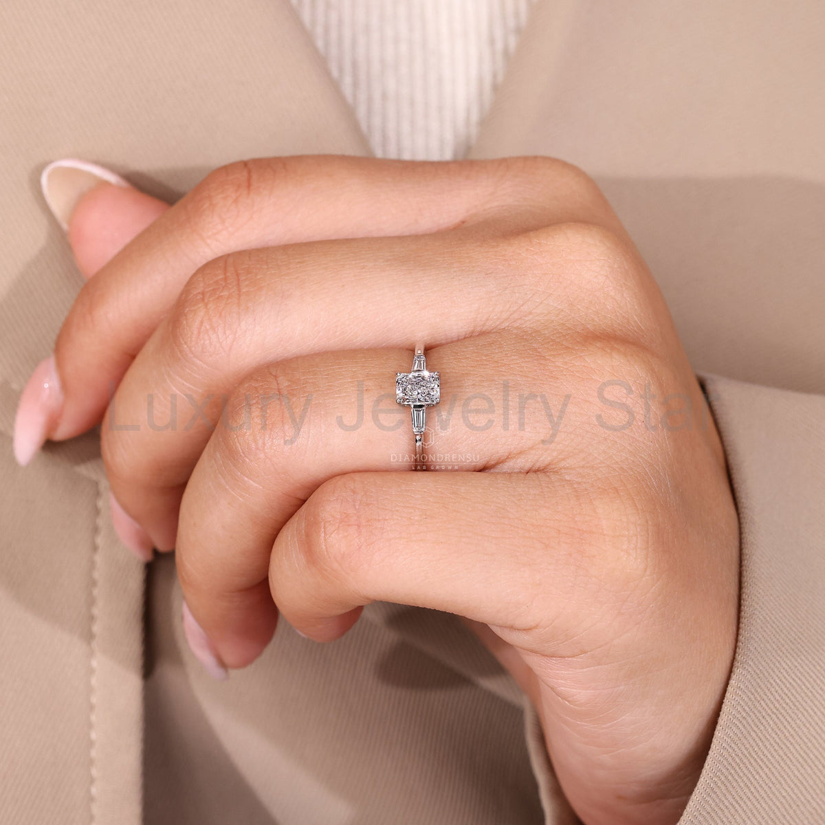 Radiant Cut and Tapered Baguette Cut Three Diamond Ring - image 6