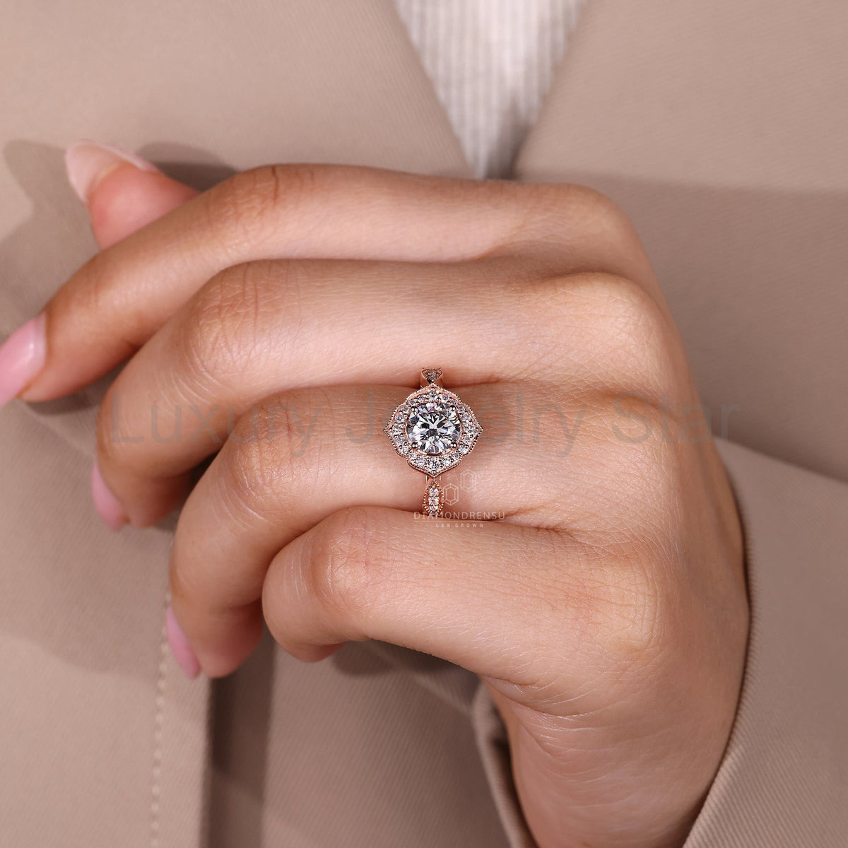 Round Cut Diamond Ring with Milgrain Details - image 6