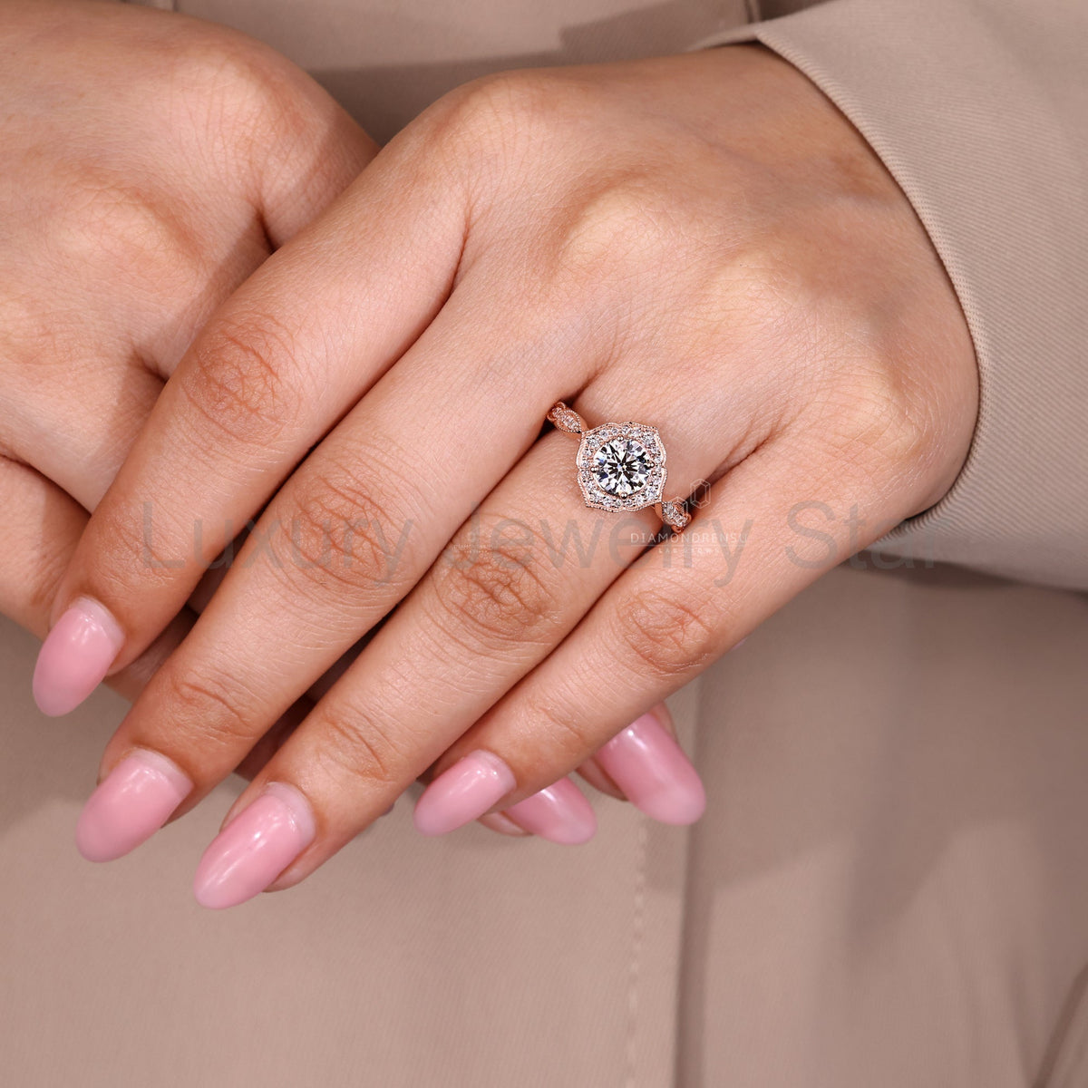 Round Cut Diamond Ring with Milgrain Details - image 8