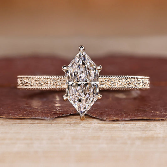 Solitaire Dutch Marquise Ring with Art Deco Ocean Wave Band