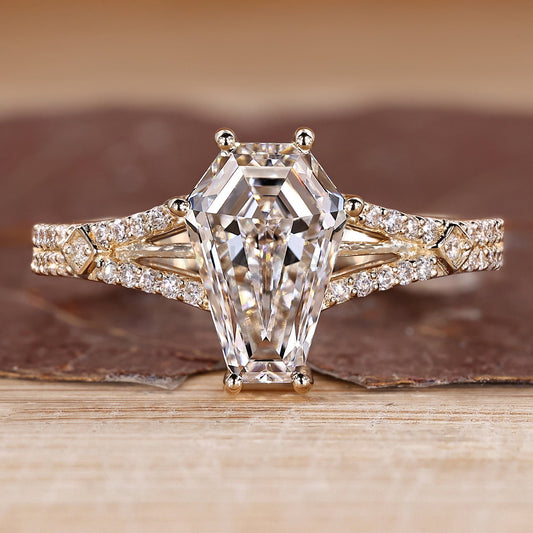 Split Shank Double Row Pave Diamond Ring with Coffin Center Stone
