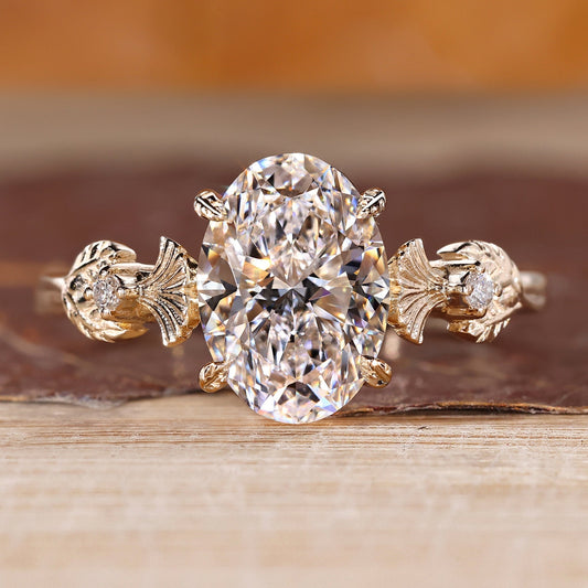 Three Stone Oval Cut Diamond Ring in Nature Inspired Style