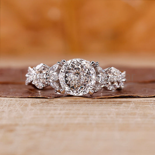 Vintage Style Portuguese Cut Diamond Ring with Twisted Pave Band