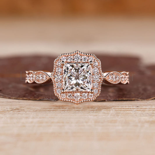 Vintage Style Princess Cut Diamond Ring in Milgrain Details
