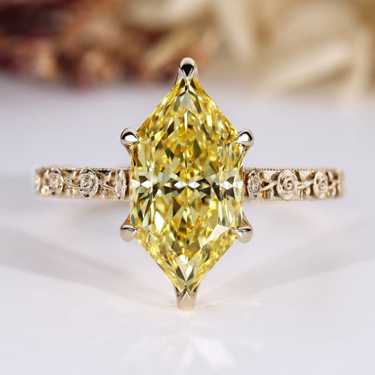 Yellow Dutch Marquise Diamond Ring with Art Deco Milgrain Details