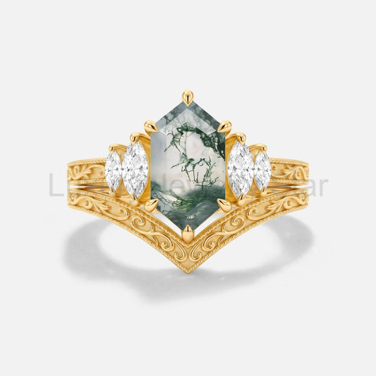 Elongated Hexagon Moss Agate Engraved Engagement Ring Set 2pcs - Atoll