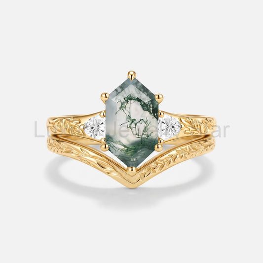 Elongated Hexagon Moss Agate Three-stone Engraved Engagement Ring Set 2pcs - Alivia