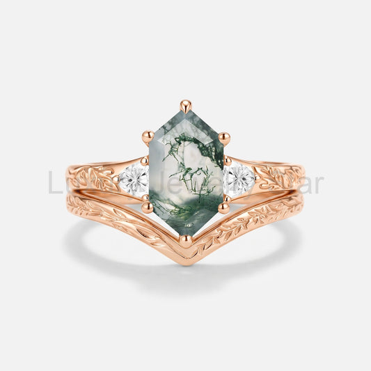 Elongated Hexagon Moss Agate Three-stone Engraved Engagement Ring Set 2pcs - Alivia - image 2